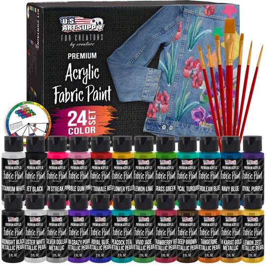 U.S. Art Supply; 24 Color Permanent Acrylic Fabric Paint Set, 2oz, with 7 Brushes - Textile Paints for Clothes, Denim, Canvas, Upholstery & Furniture - Permanent Fabric Paints; Category:Fabric Paint; Image:1